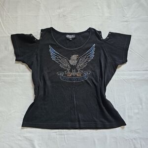 Y2k cotton eagle embellished black short-sleeve cold-shoulder tee Sz XL